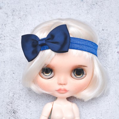 Blythe light dark blue elasticized headband  with decorative bow